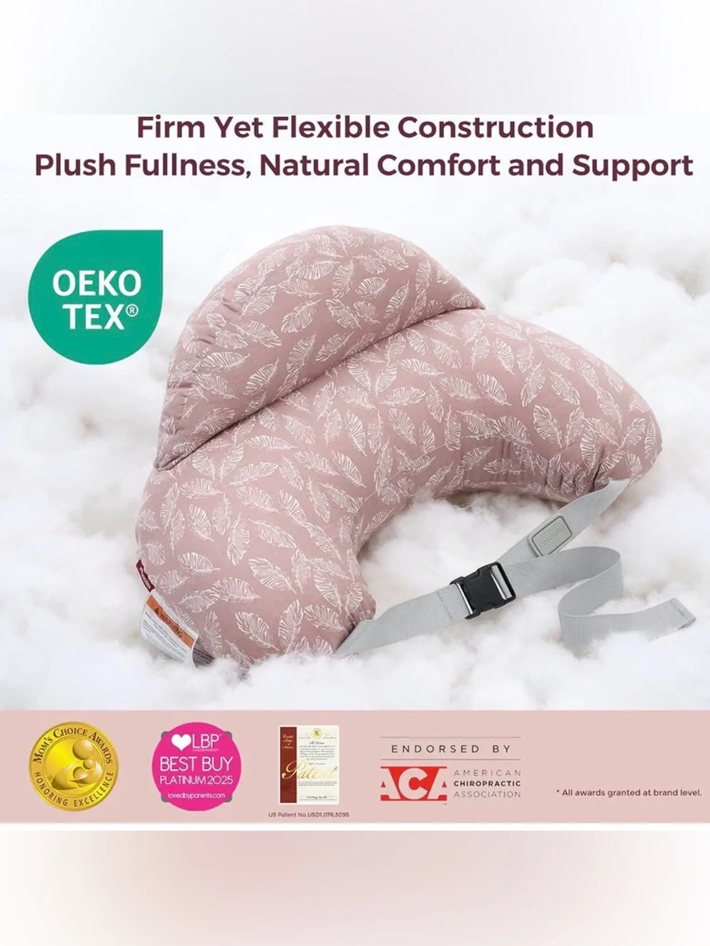 NWT - Momcozy - Nursing Pillow with feathers Print in pink & white -Pink Snuggle